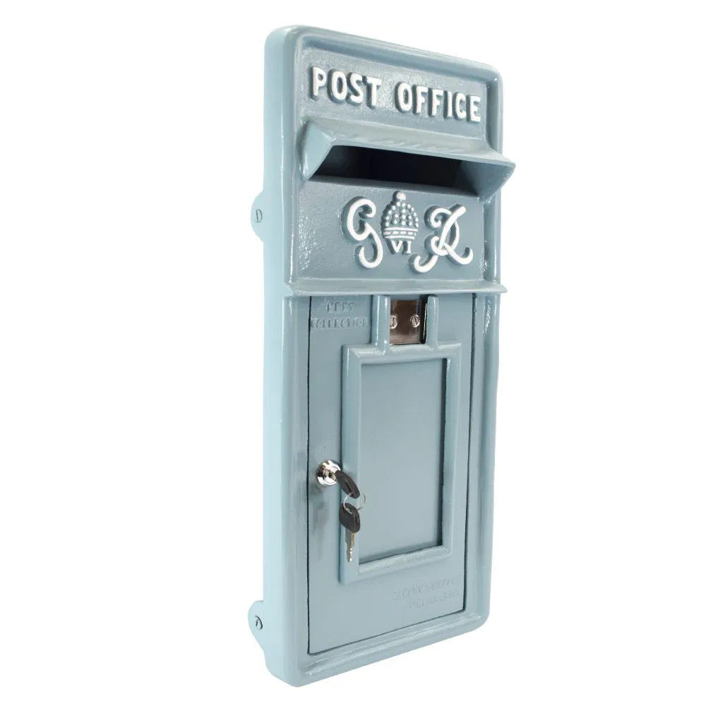 Side view of the King George Post Box Front Panel In Light Blue 
