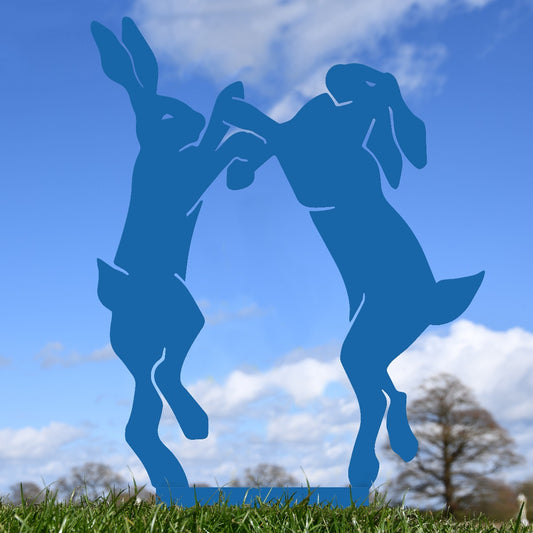 Boxing Hares Garden Sheet Steel Silhouette In Blue