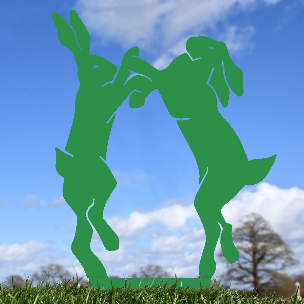 Boxing Hares Garden Sheet Steel Silhouette In Green