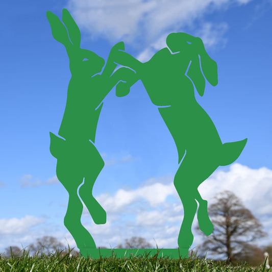 Boxing Hares Garden Sheet Steel Silhouette In Green