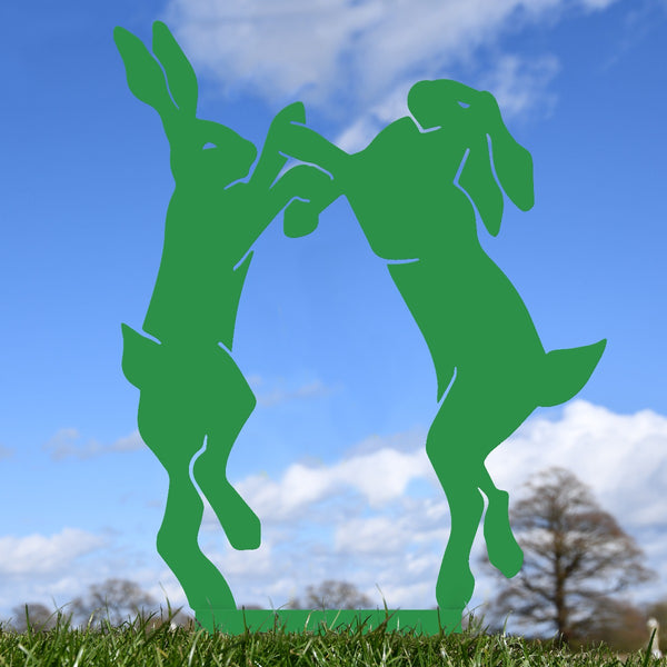 Boxing Hares Garden Sheet Steel Silhouette In Green