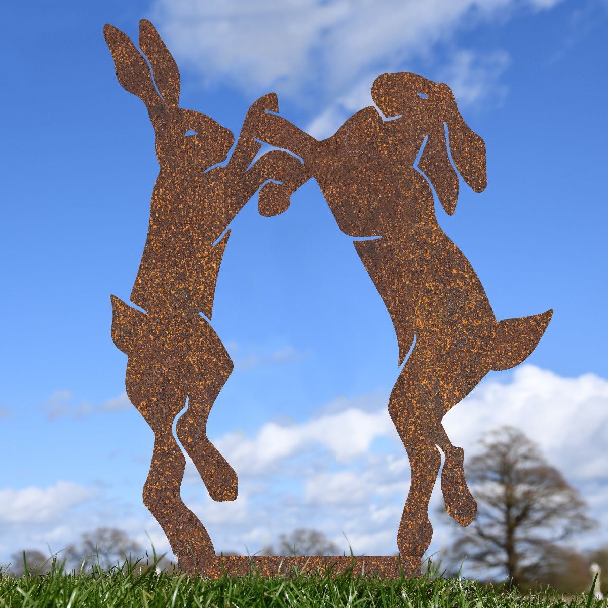 Boxing Hares Garden Sheet Steel Silhouette In Rustic
