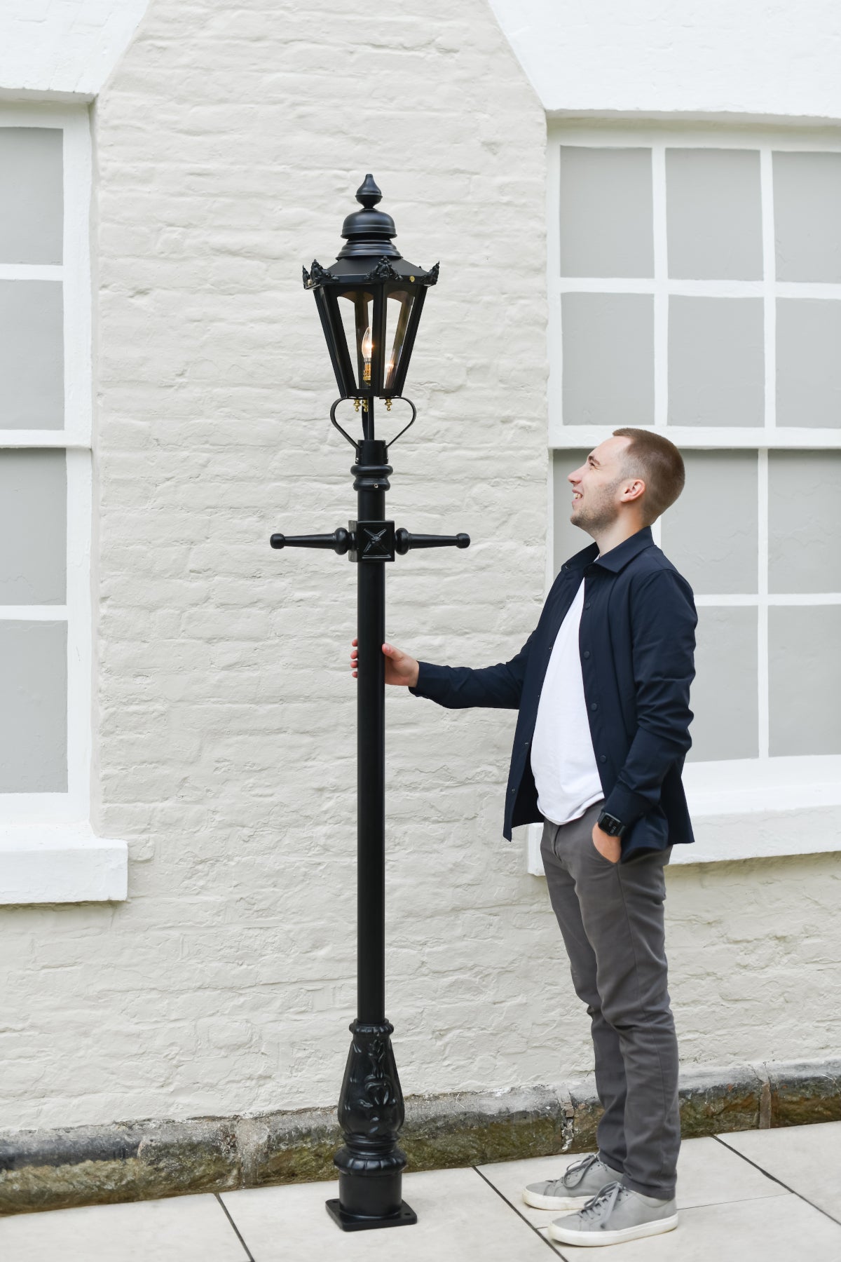 Small black hexagonal garden lamp post scale size