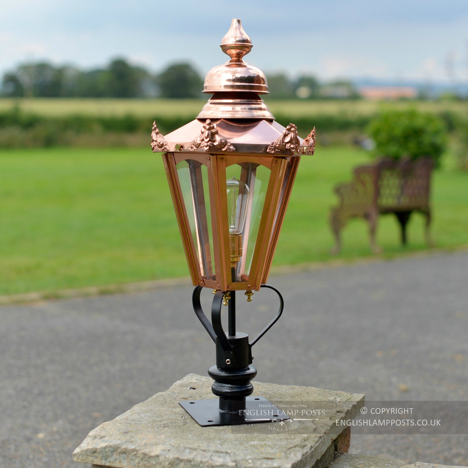 Small Copper Hexagonal Pillar Light and Lantern Set