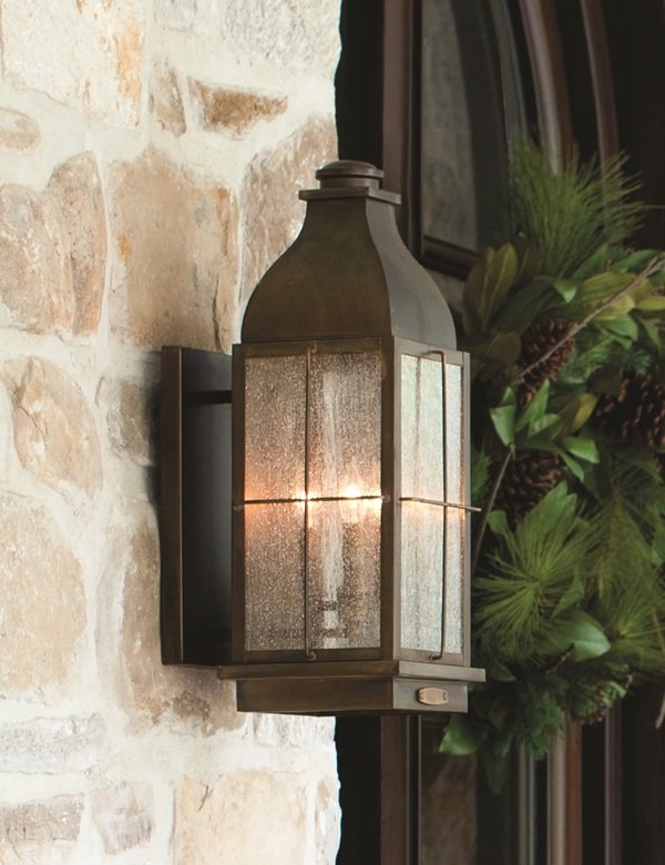 Solid Brass Vintage Lantern with Seeded Glass Installed On Wall