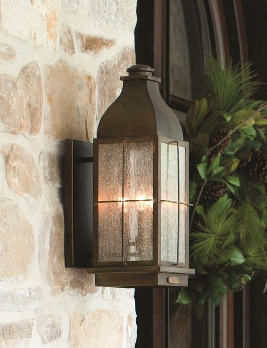 Solid Brass Vintage Lantern with Seeded Glass Installed On Wall