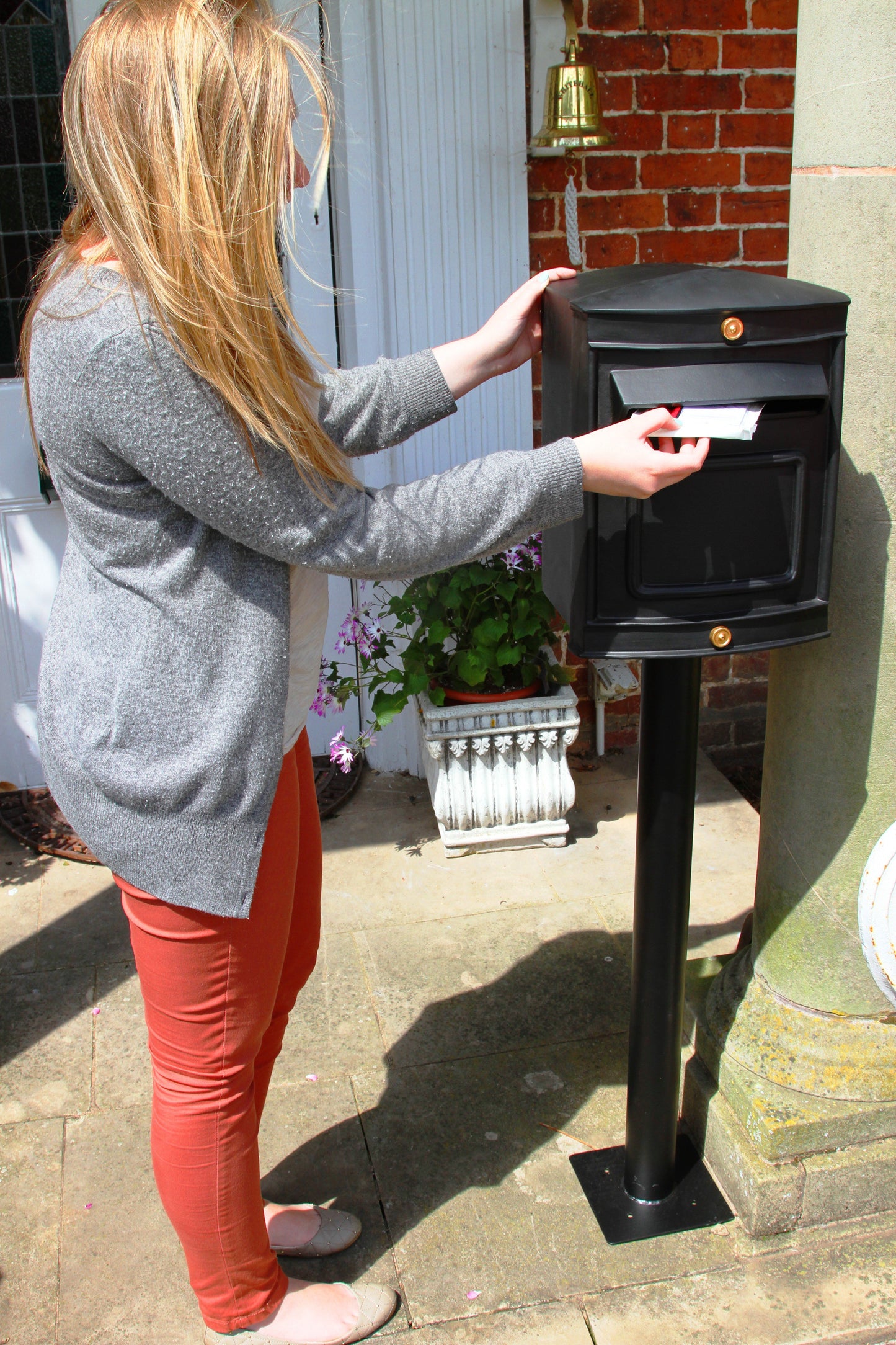 stafford rear opening post box black on porch