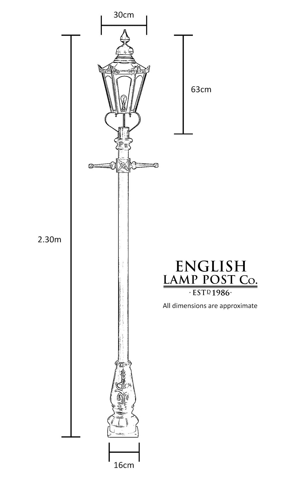 technical drawing for copper small lamp post set with measurements