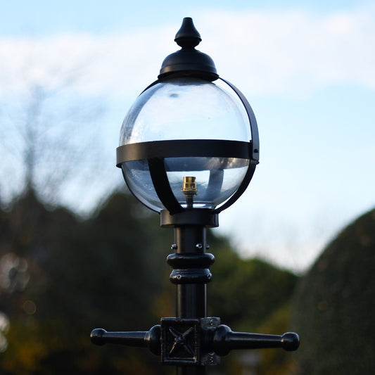 Close up of the "The Calgary" Glass Globe Garden Lamp Post