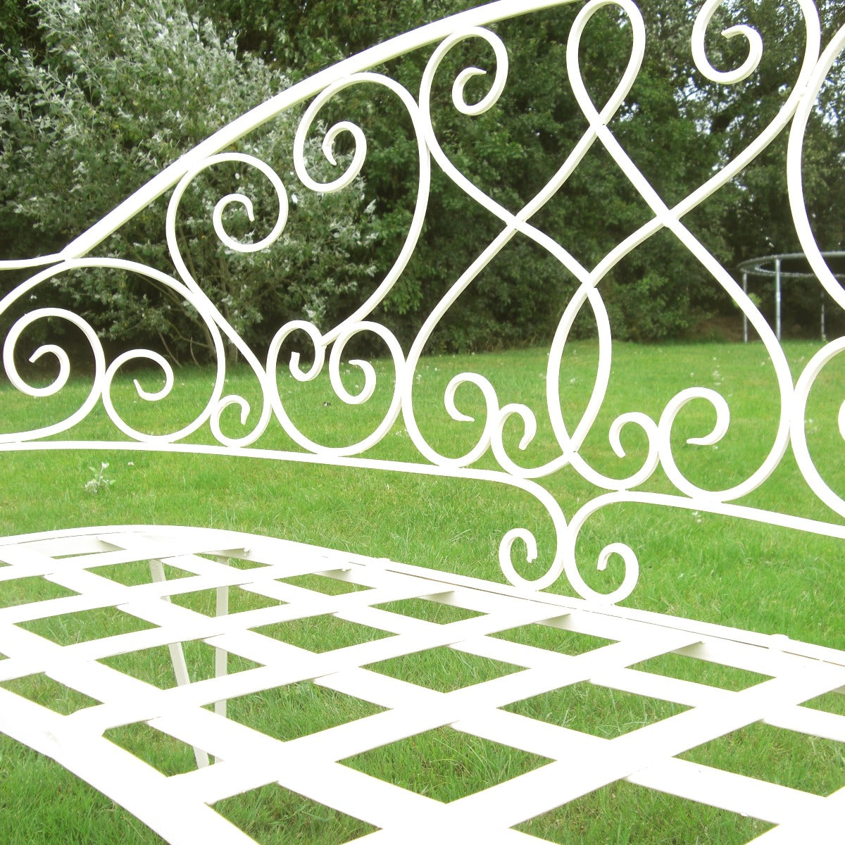 The Clarence Antique White Garden Bench Close Up