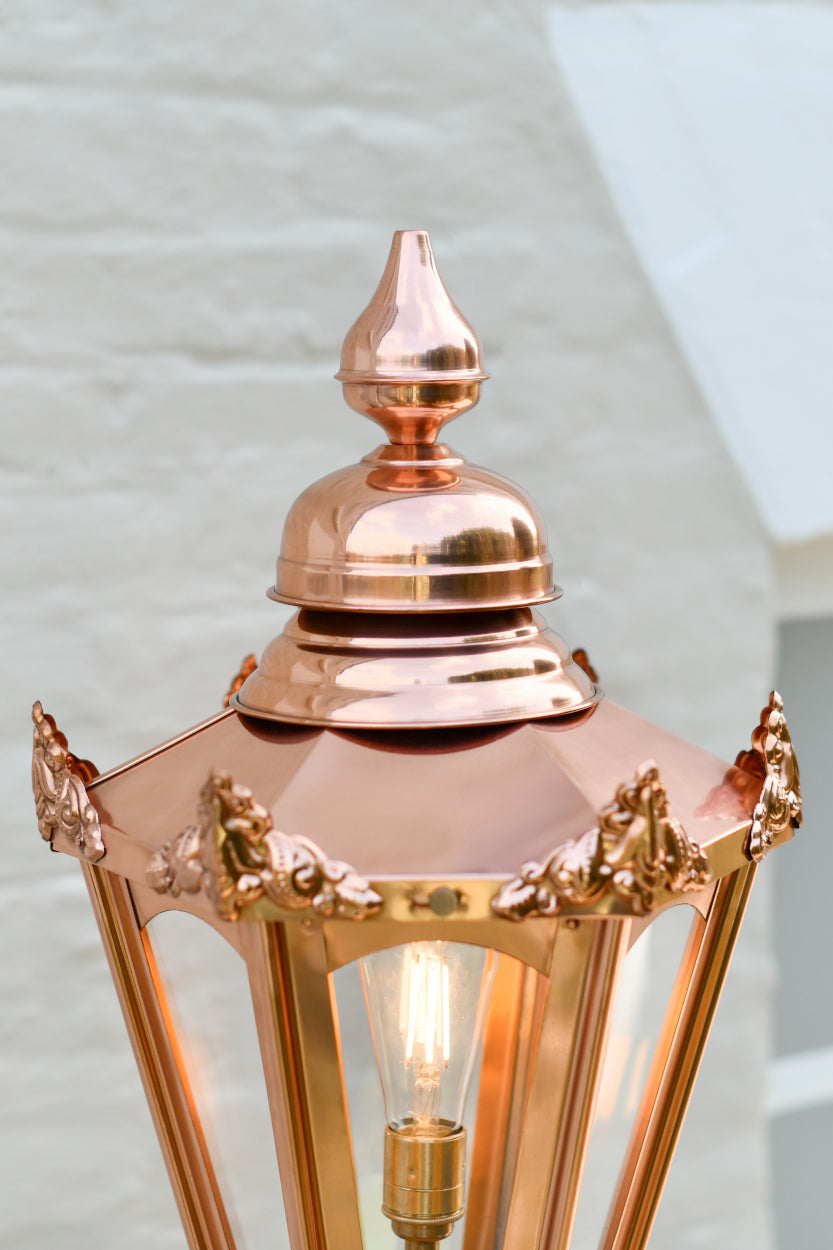 The hexagonal copper lantern roof