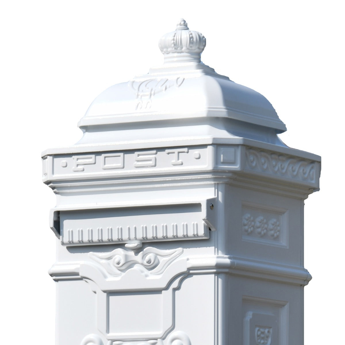 Close-up of the Letter Flap on the 'The Lincoln' White Freestanding Pillar Box