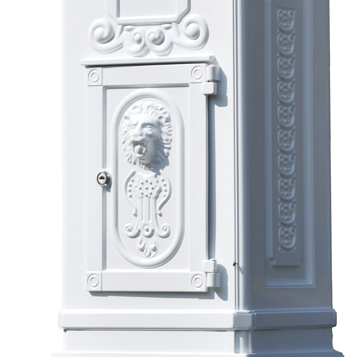 Ornate Design on the Front Opening Door on the 'The Lincoln' White Freestanding Pillar Box