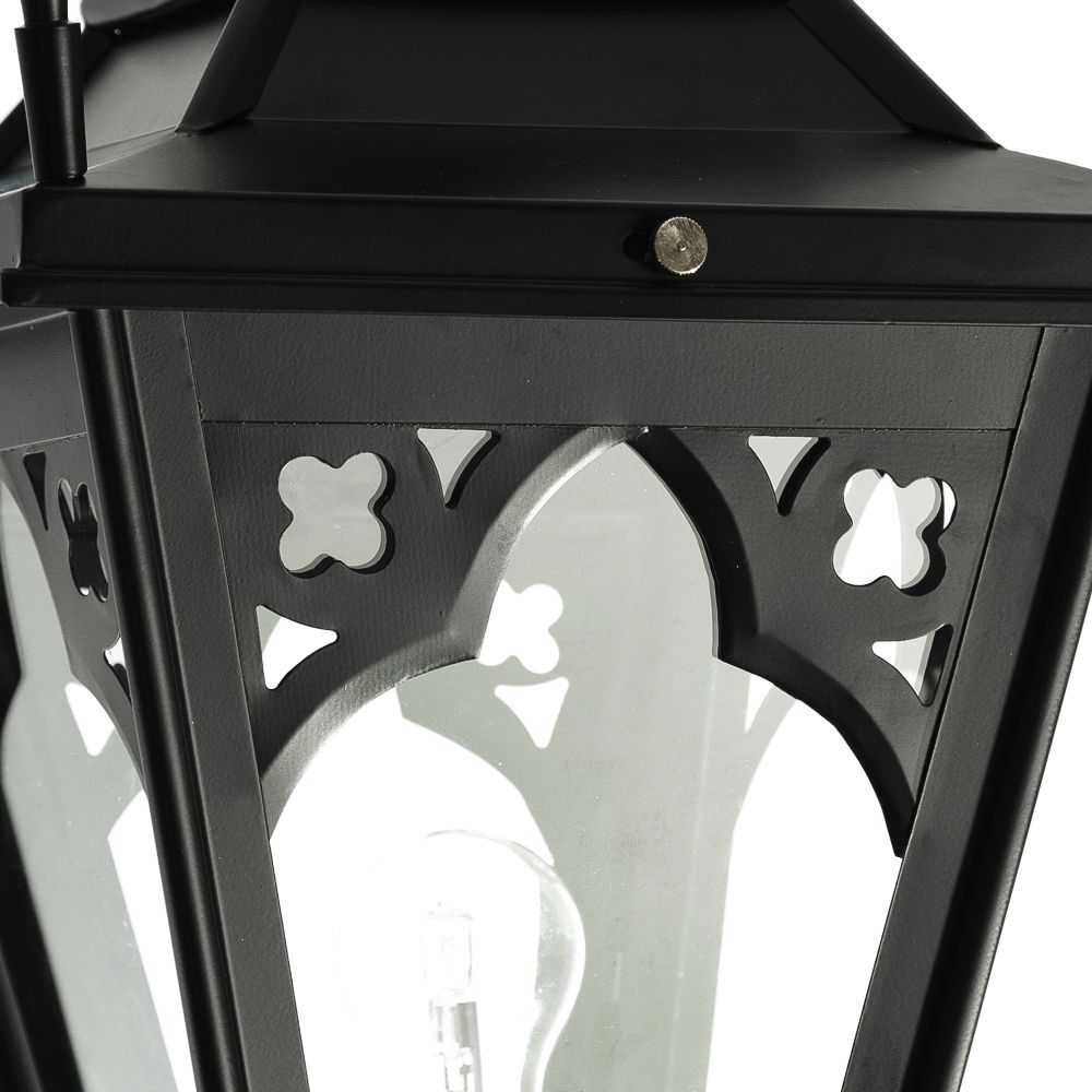 Close up of the black lamp post lantern