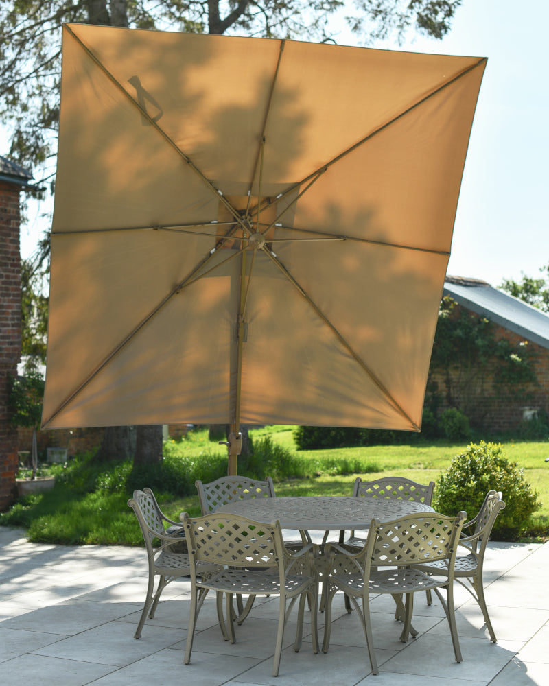 Head on view of umbrella covering a garden table 