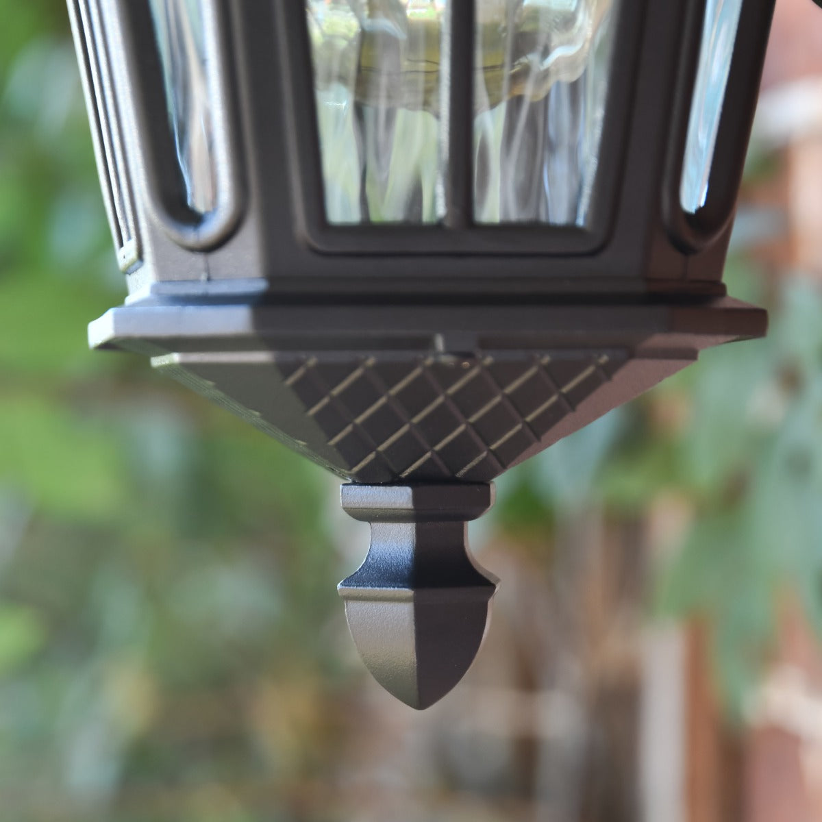 Close-Up of Traditional Black Victorian Fishhook Wall Lantern in Situ