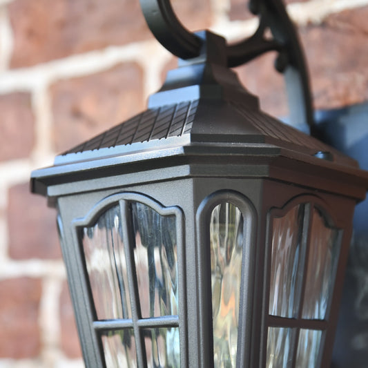 Close-Up of Traditional Black Victorian Fishhook Wall Lantern

