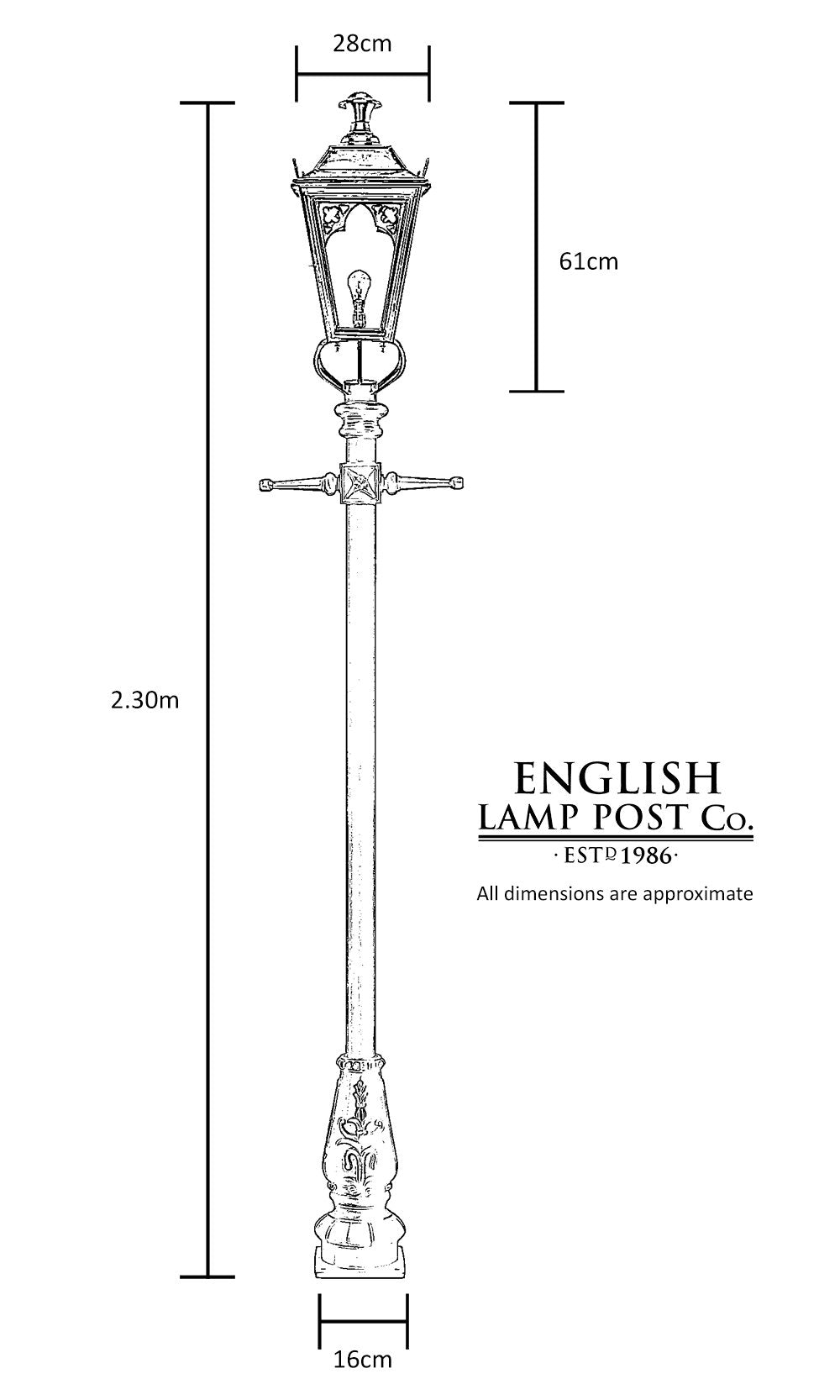 traditional gothic brass garden lamp post technical drawing with measurements