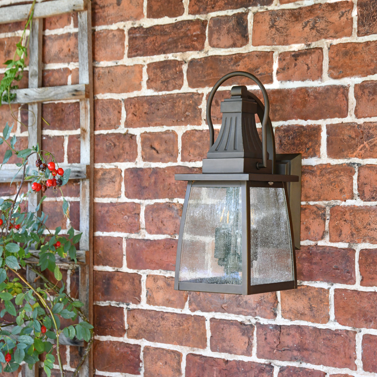 Angled view of the 'Trewern' wall lantern in situ