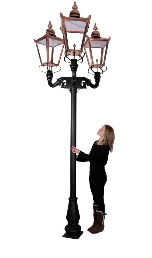 Life size scale of “St James” Three Headed Copper Lantern and Lamp Post