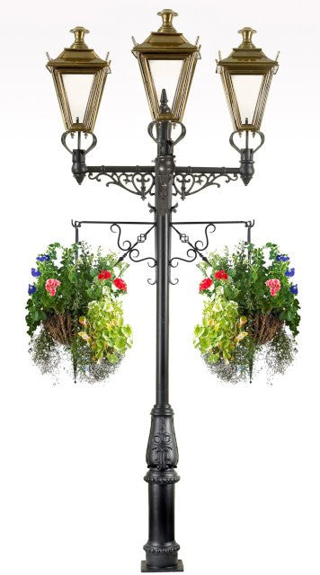 Traditional triple headed lamp post with flower baskets - thumbnail