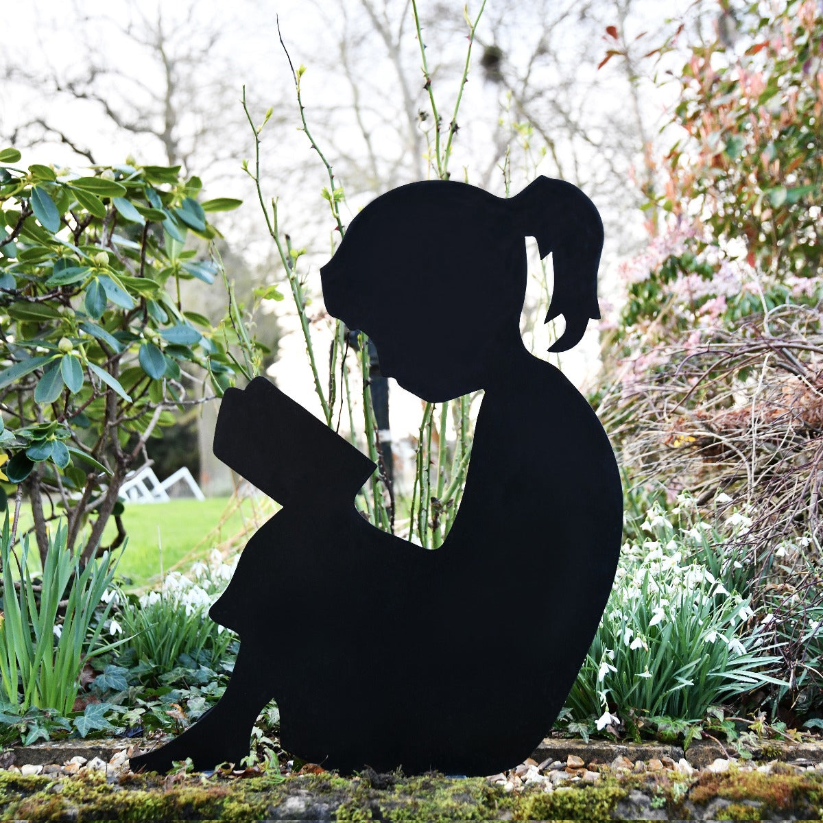 Girl Reading Garden Sheet Steel Silhouette In Black