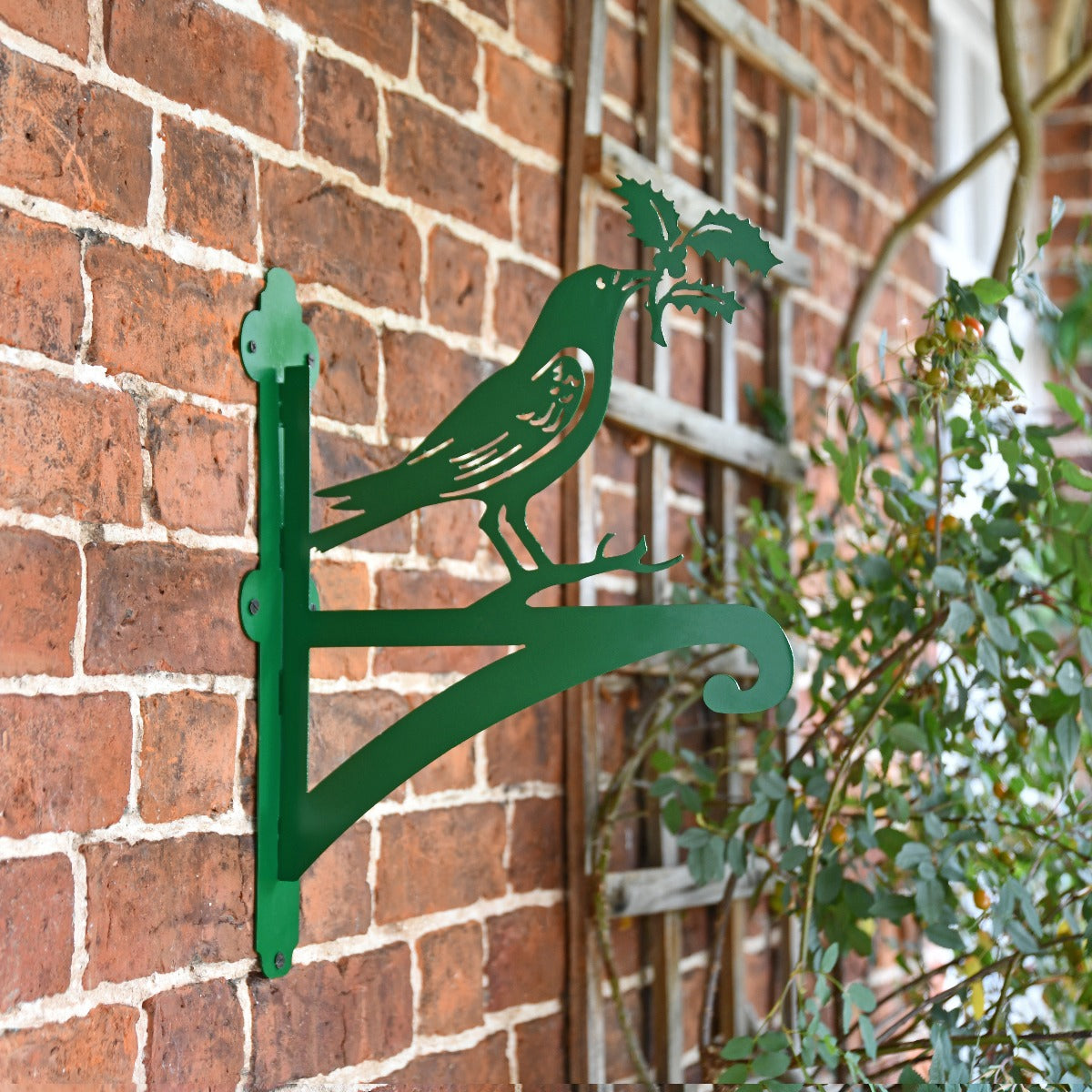 Green "Raven Holding Holly" Garden Hanging Basket Bracket