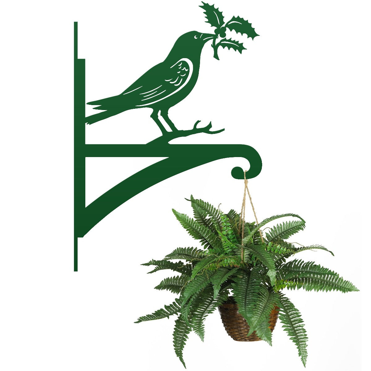 Green "Raven Holding Holly" Garden Hanging Basket Bracket