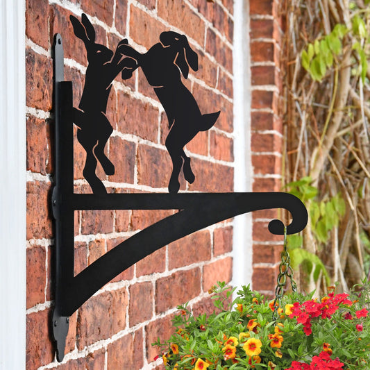 "Boxing Hares" Garden Hanging Basket Bracket On Brick Wall