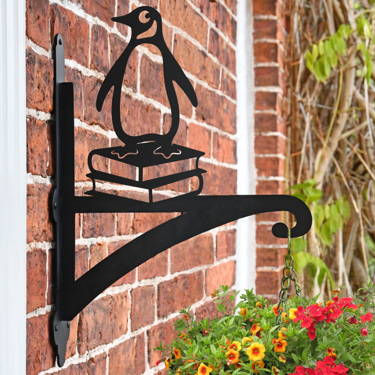 "Penguin on Books" Garden Hanging Basket Bracket