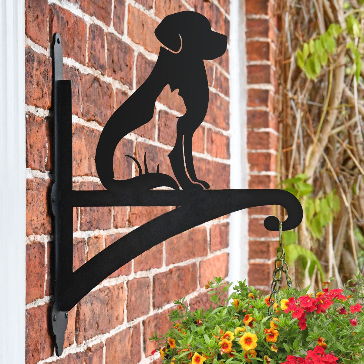 Cat & Dog Silhouette Hanging Basket Bracket On Brick Wall