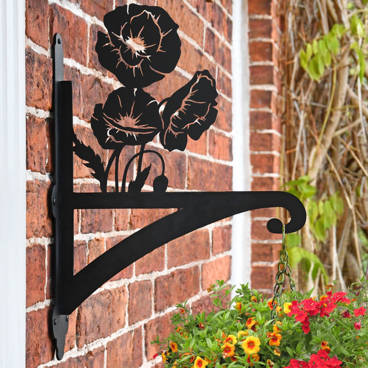 "Poppies" Garden Hanging Basket Bracket On Brick Wall