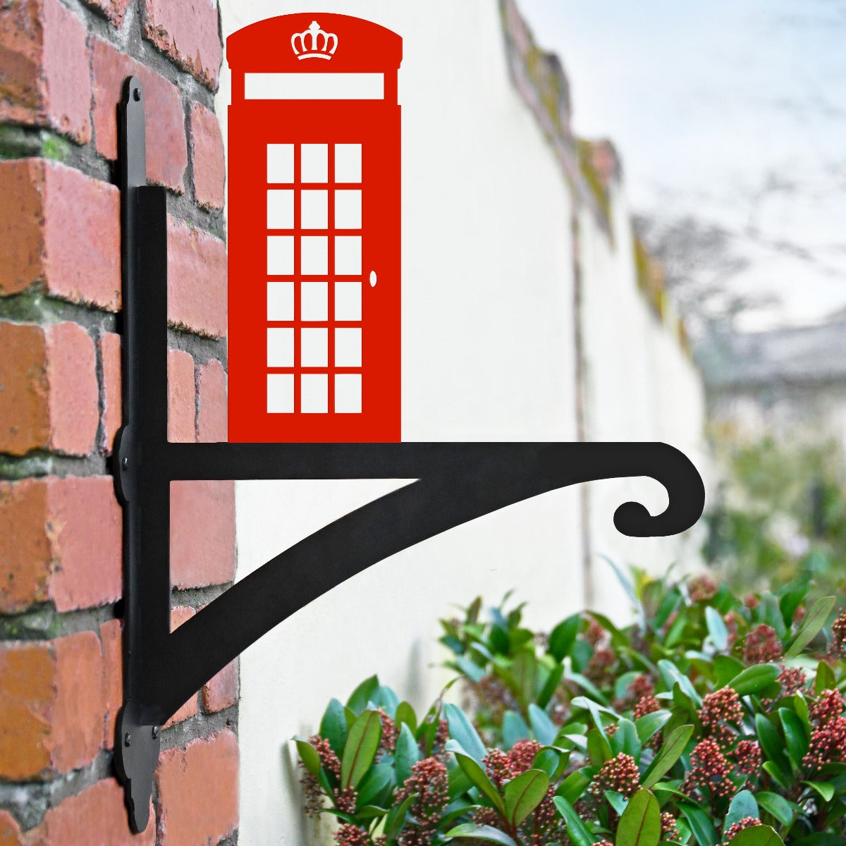 "Red Telephone Box" Garden Hanging Basket Bracket In Situ