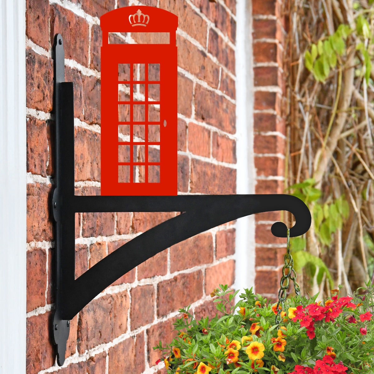 "Red Telephone Box" Garden Hanging Basket Bracket On Brick Wall