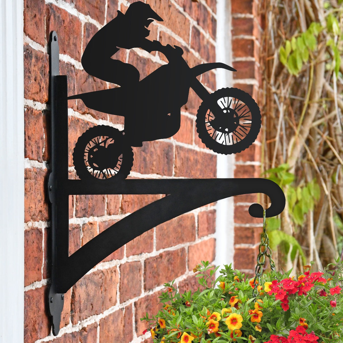 "Dirt Biker" Garden Hanging Basket Bracket On Bricket Wall