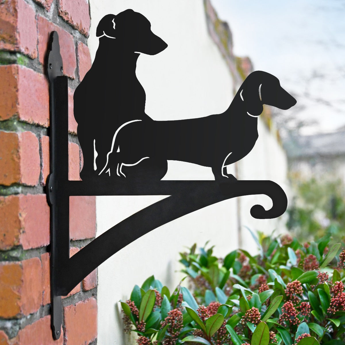 "Dachshund & Jack Russel" Garden Hanging Basket Bracket On Brick Wall