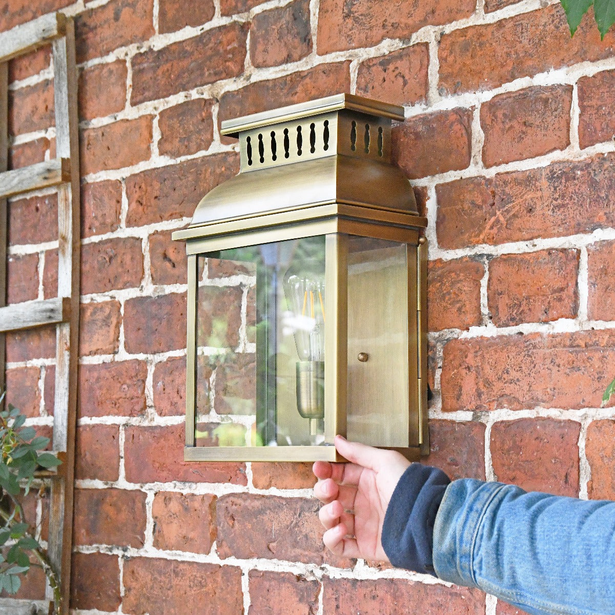 Period Antique Brass Half Wall Lantern With Hand For Scale