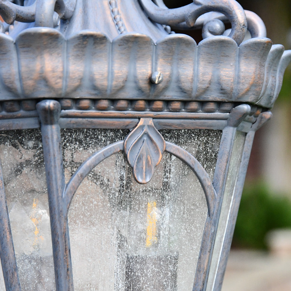 Close up of textured panes and decorative lantern top