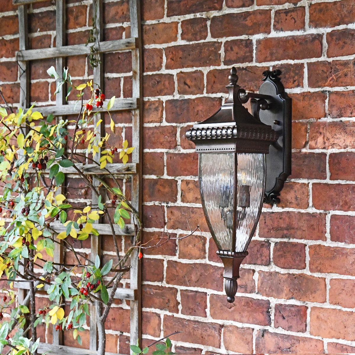 Brushed Bronze Renaissance Style Wall Lantern Fitted To Brick Wall