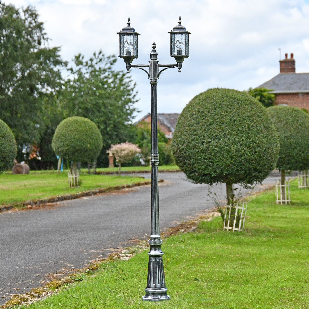 "The Lochdale" Antique Black and Silver Double Headed Garden Lamp Post