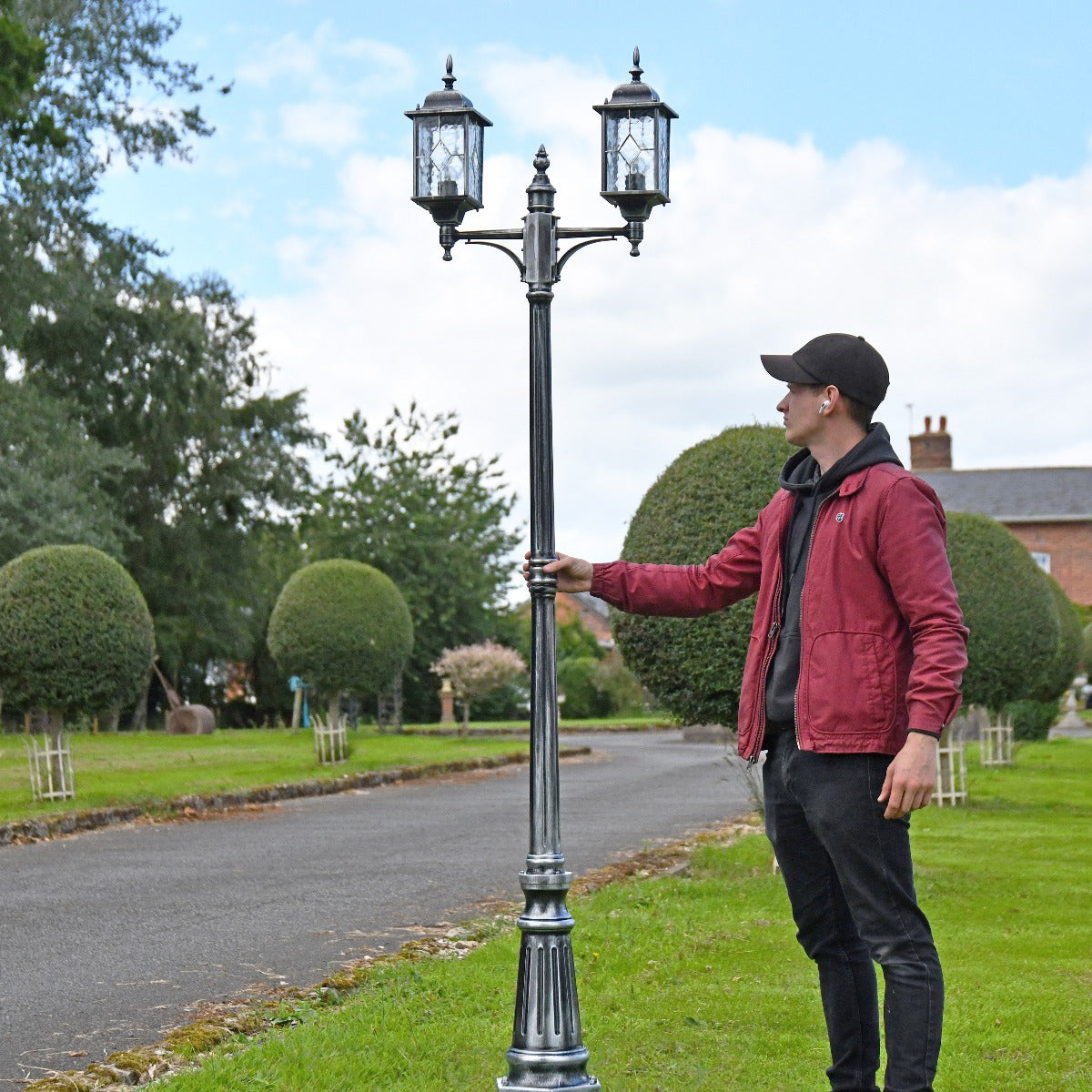Antique Black and Silver Double Headed Garden Lamp Post With Man For Scale