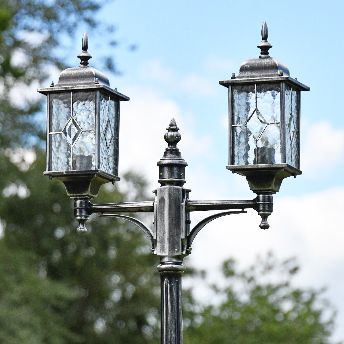 "The Lochdale" Antique Black and Silver Double Headed Garden Lamp Post