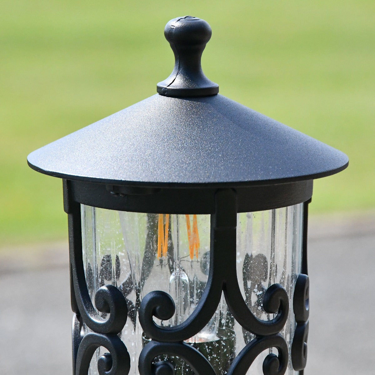 Black Scroll Design Pillar Light Close Up Of Lid