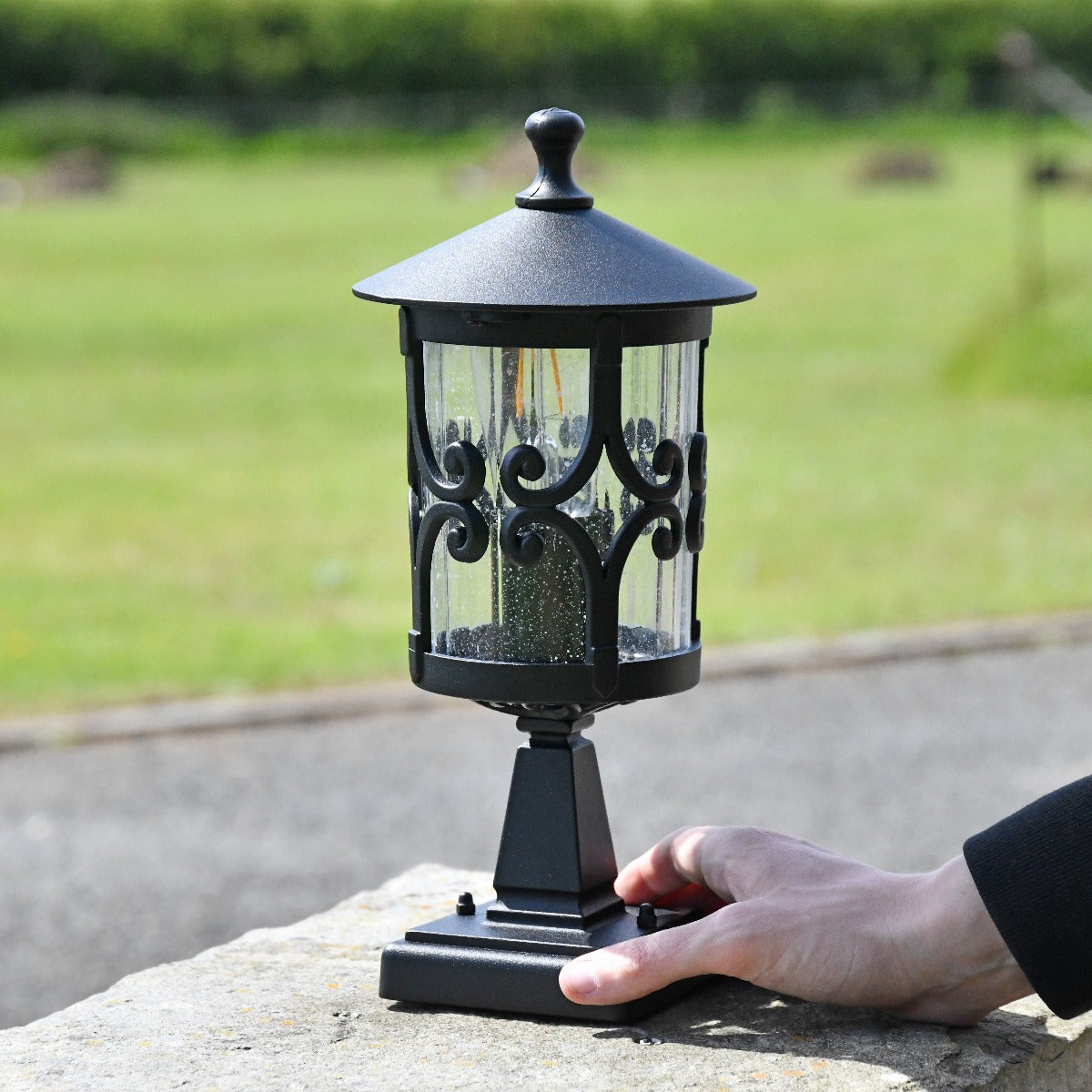 Small Black Ornate Scroll Pillar Light