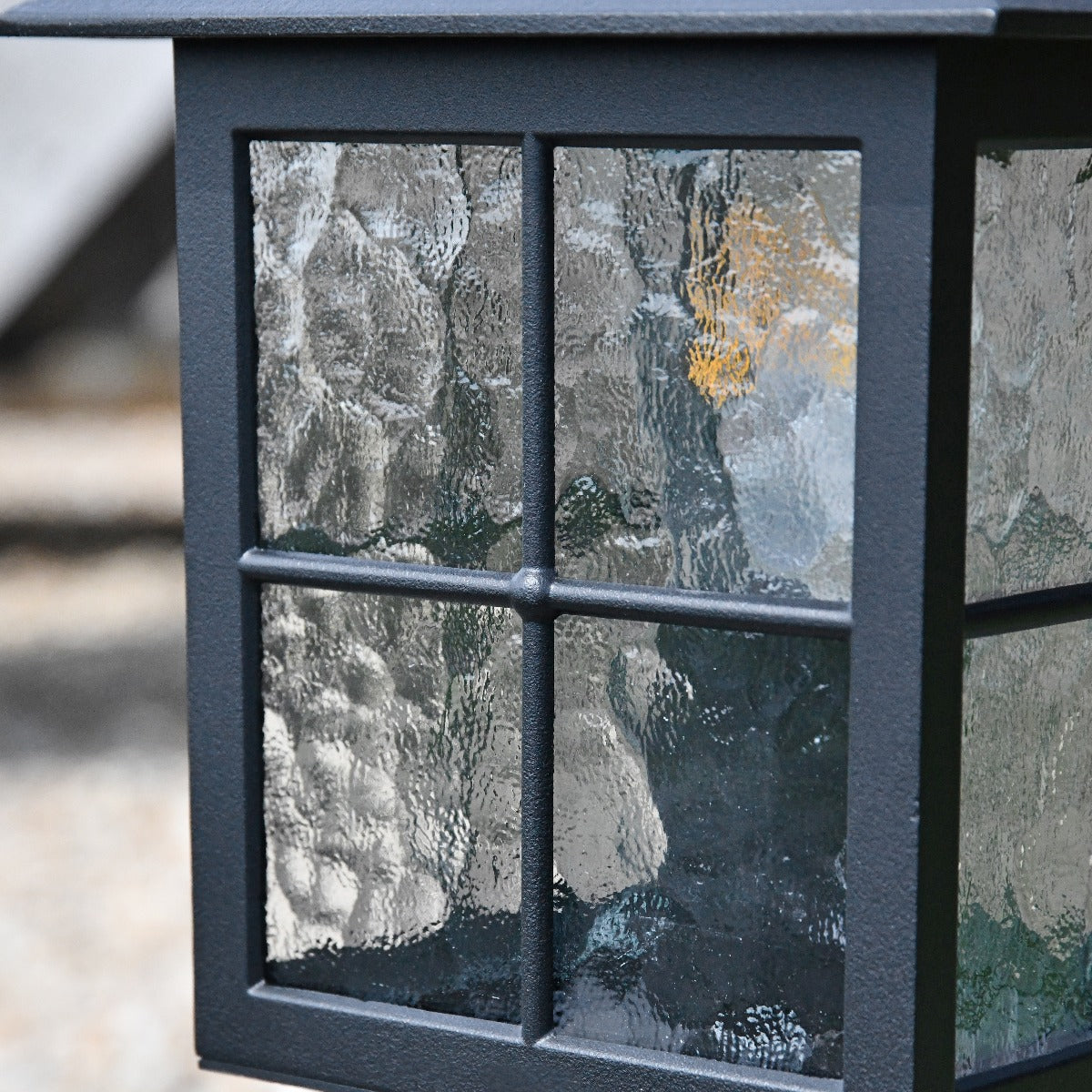 Traditional Black Squared Pillar Light With Textured Glass