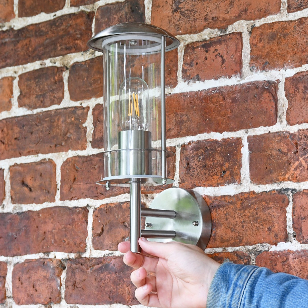 Modern Stainless Steel Wall Lantern mounted to wall 