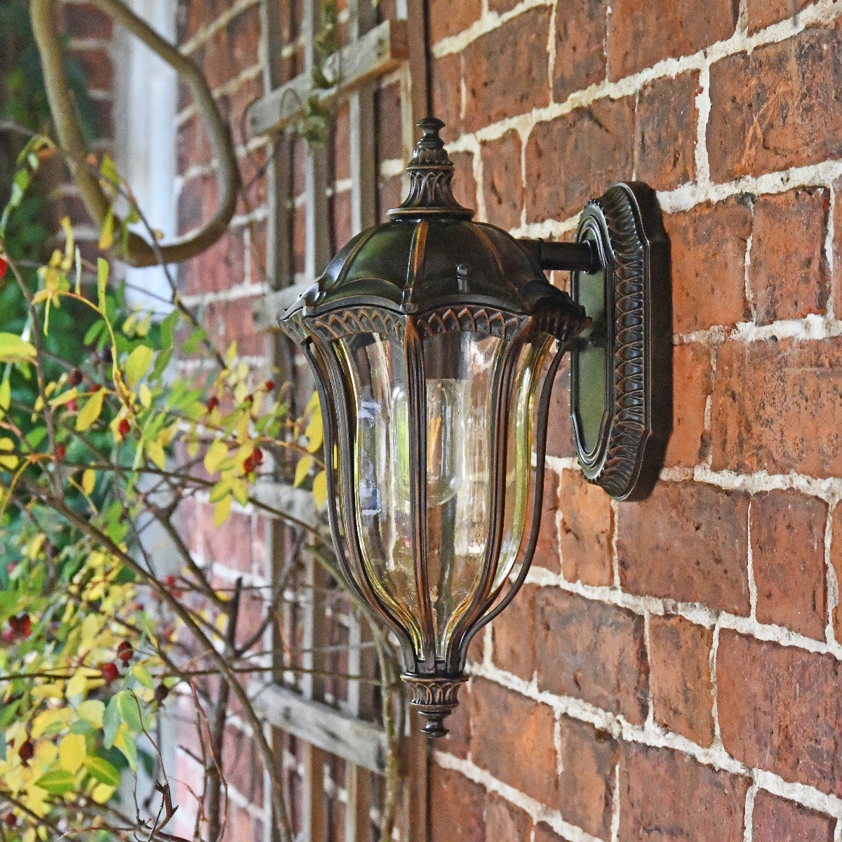 Antique Bronze Small Ornate Wall Lantern With Glass