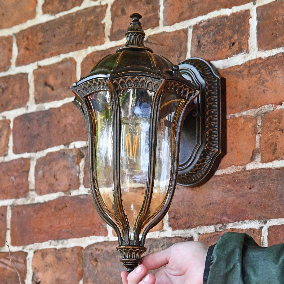 Antique Bronze Small Ornate Wall Lantern Scale Shot