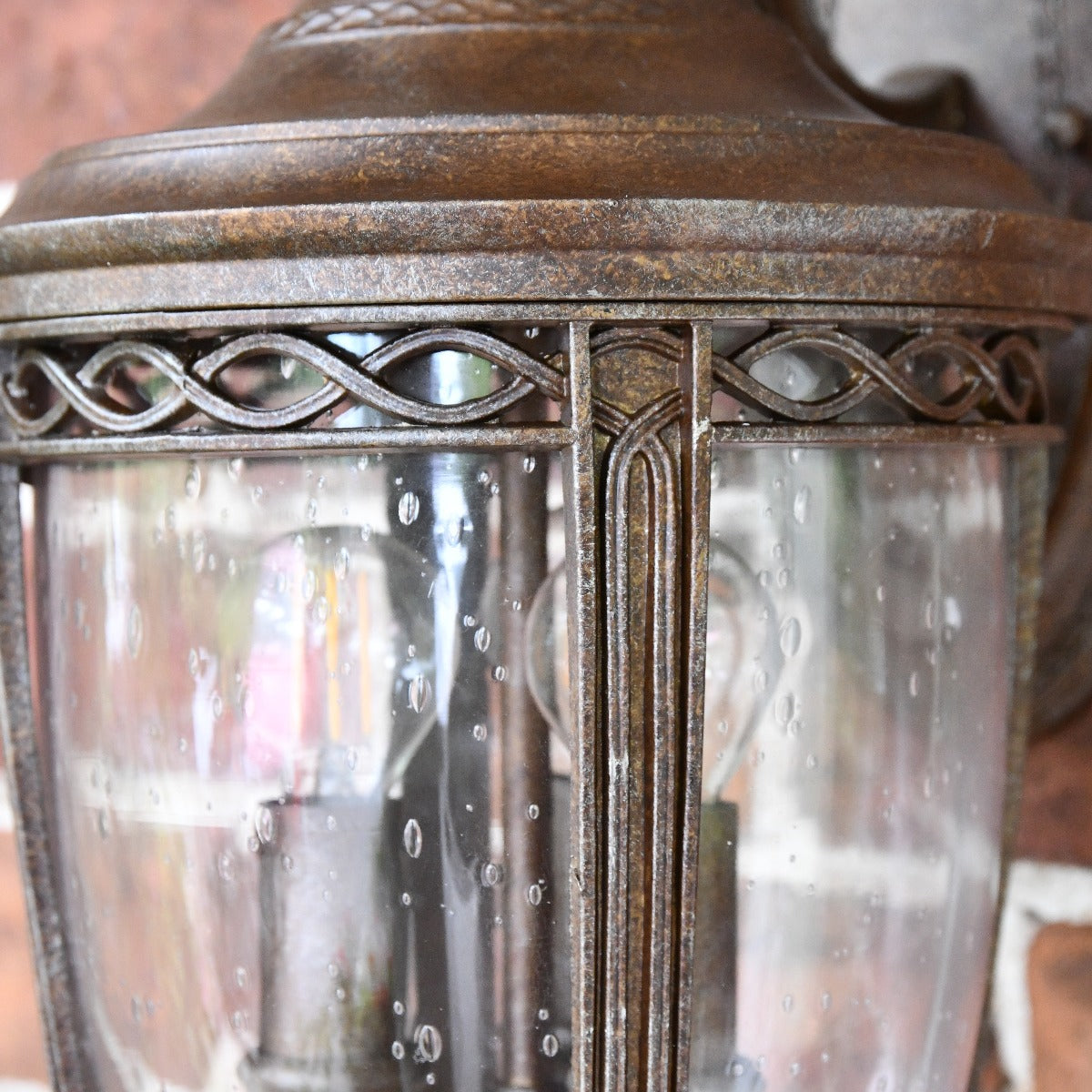 Antique Bronze Pillar Post Light with Seeded Glass Lantern