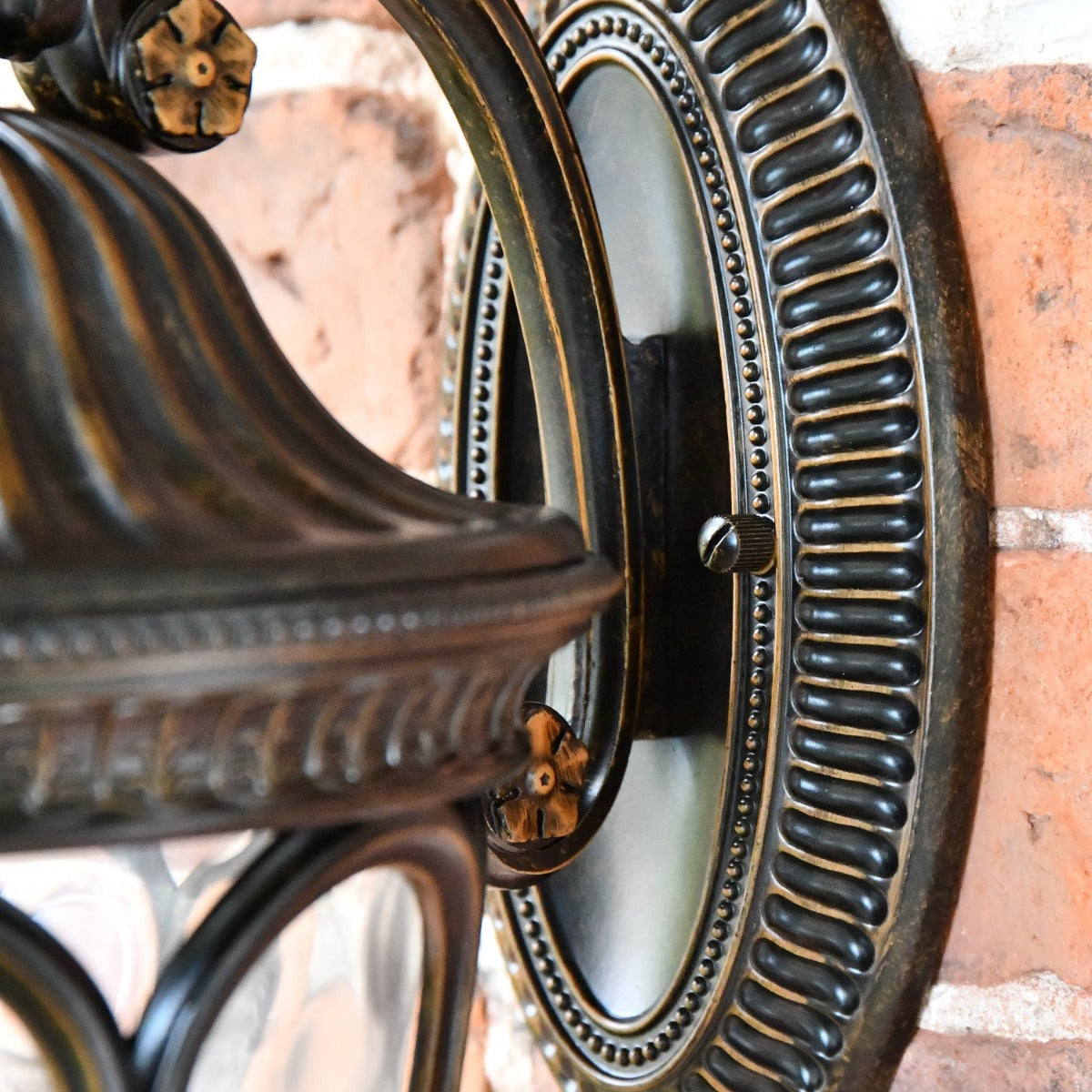 Close up of oval back plate with decorative design 